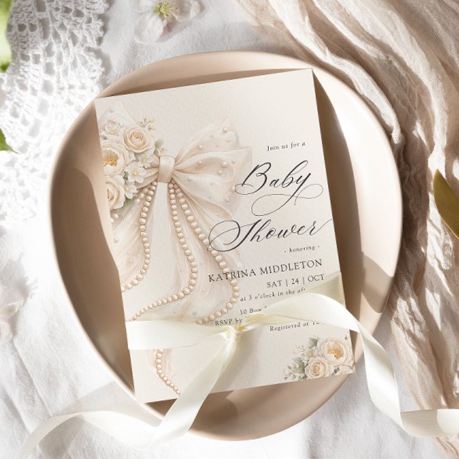 Elegant Pearl Bow Floral Baby Shower  Inbjudningar (Skapare uppladdad)