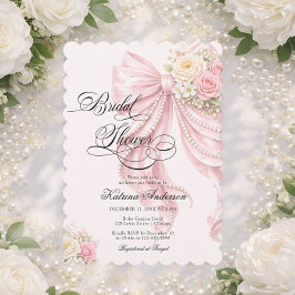 Elegant Pearl Bow Floral Pink Bridal Shower  Inbjudningar