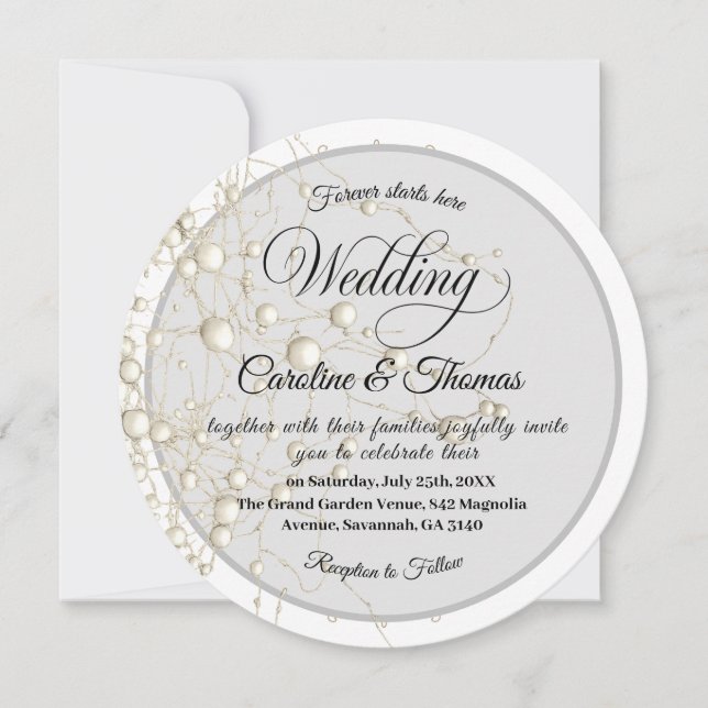 Elegant Pearl Gold Script Wedding Romantic Pearls Inbjudningar (Framsida)