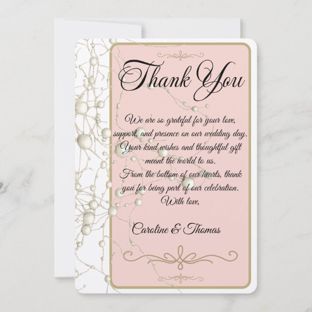 Elegant Pearl Gold Script Wedding Romantic Pearls Tack Kort (Framsida)