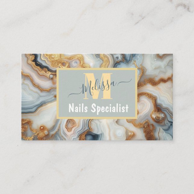 Elegant Pearl Golden Agate Anpassningsbar Monogram Visitkort (Framsida)