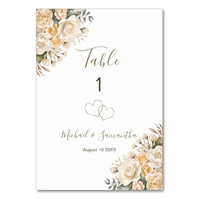 Elegant Pearl White och Elfenbenskusten Ro Bröllop Bordsnummer (Framsidan)