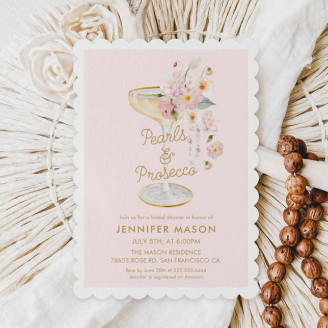 Elegant Pearls and Prosecco Rosa Möhippa Inbjudningar (Pearls and Prosecco Bridal Shower Invite)