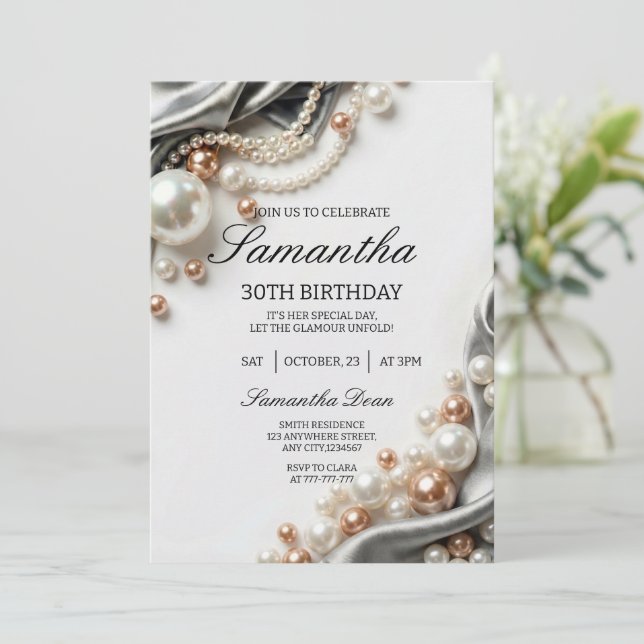 Elegant Pearls and Satin 30th Birthday Invitation Inbjudningar (Stående Fram)