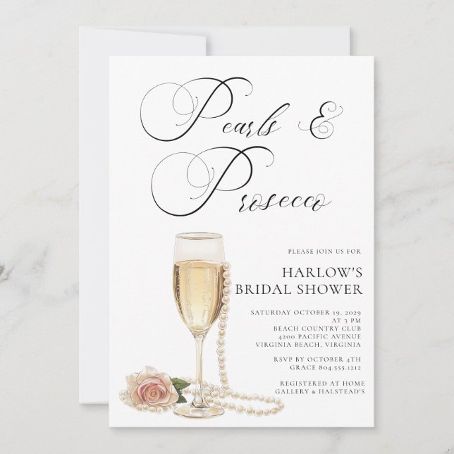 Elegant Pearls och Prosecco Möhippa Invita Inbjudningar (Framsida)