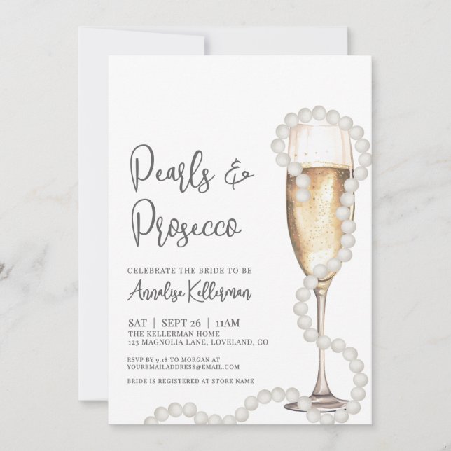 Elegant Pearls & Prosecco Champagne Bridal Shower Inbjudningar (Framsida)