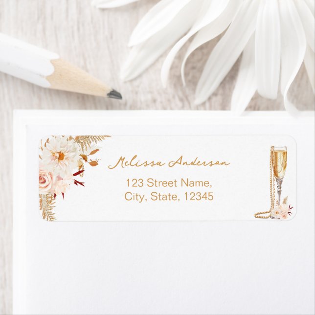 Elegant Pearls & Prosecco Möhippa Return Returadress Etikett (Insitu)