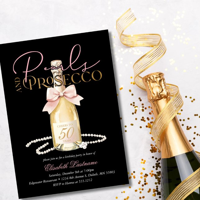 Elegant Pearls & Prosecco Pink Bow 50th Birthday Inbjudningar (Elegant Pearls & Prosecco Pink Bow 50th Birthday Invitation)