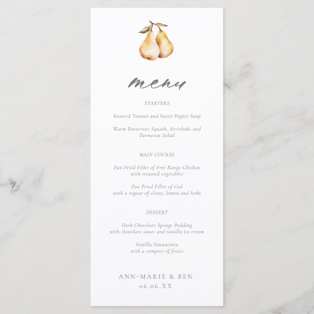 Elegant Pears Calligraphy Bröllop Menu Meny (Framsida)