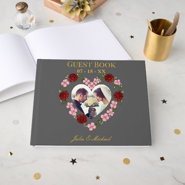 Elegant Pebble Grey & Gold Floral Wedding Guest Bo Gästböcker (Framsida Öppen)