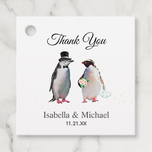 Elegant Penguinspar Tack Bröllop Gåvor Etiketter (Framsida)