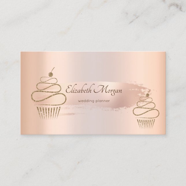 Elegant penseldrag i roséguld, gula cupcakes visitkort (Framsida)