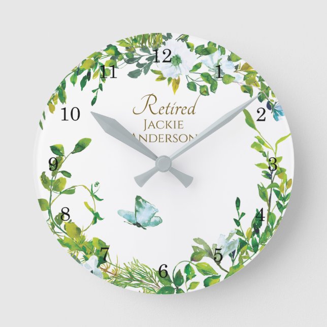 Elegant PENSION Gift - Personlig Clock Leafy Rund Klocka (Framsida)