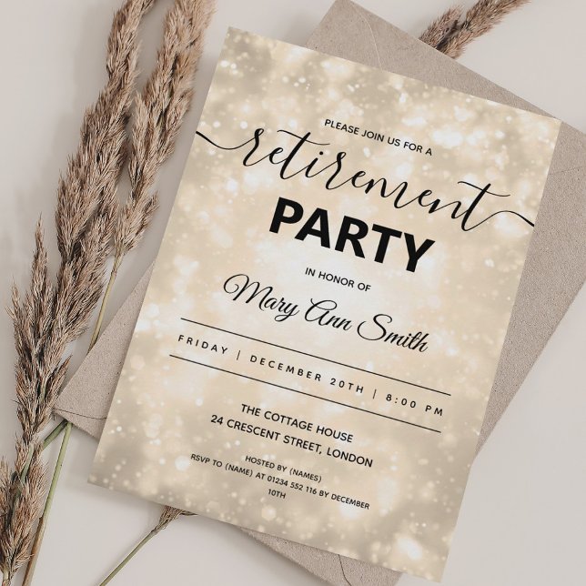 Elegant Pension Party Champagne Sparkles Inbjudningar (Elegant Retirement Party Gold Champagne Sparkles Invitation)