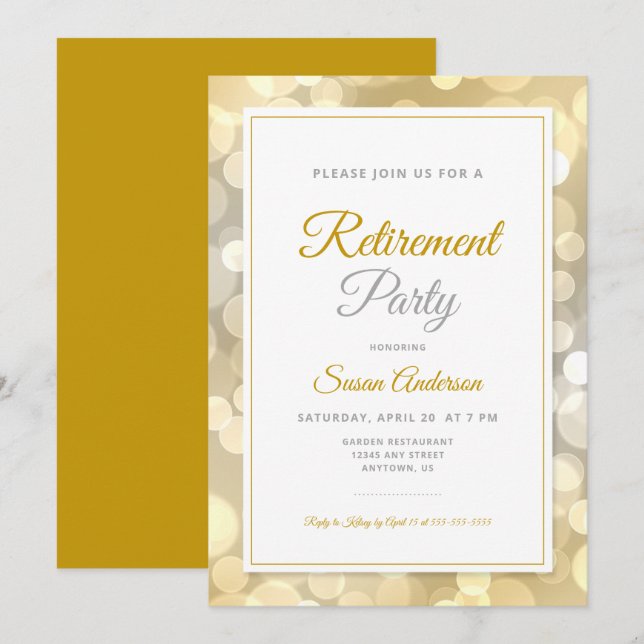 Elegant Pension Party Guld Bokeh Inbjudningar (Fram/baksida)