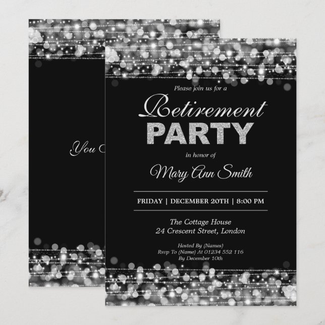Elegant Pension Party Silver Glitter Inbjudningar (Fram/baksida)