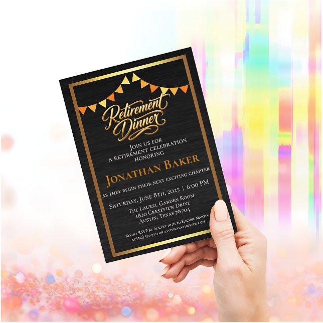 Elegant pensionsmiddag guld svart vimpel inbjudningar (Elegant Retirement Dinner Gold Black Bunting Invitation)