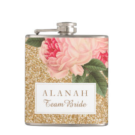 Elegant Peonies och Guld Glitter Bridesmaid Flask Fickplunta