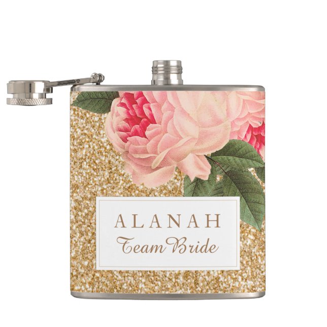 Elegant Peonies och Guld Glitter Bridesmaid Flask Fickplunta (Öppnad)