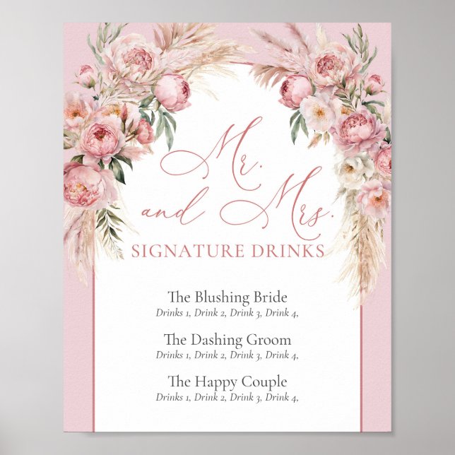 Elegant  peonies pampas boho arch Namnteckning Poster (Framsidan)