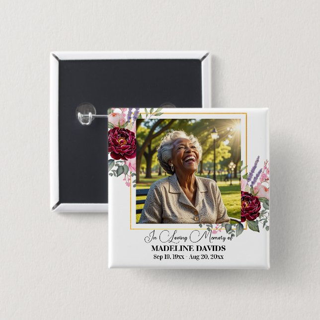 Elegant Peonies Photo Funeral Keepsake  Knapp (Framsida & baksida)