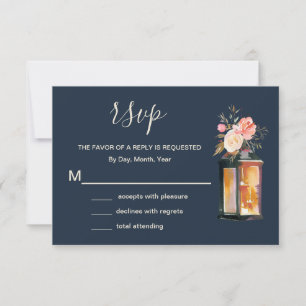 Elegant Peonies Rustic Lanternes Navy Coral Bröllo OSA Kort
