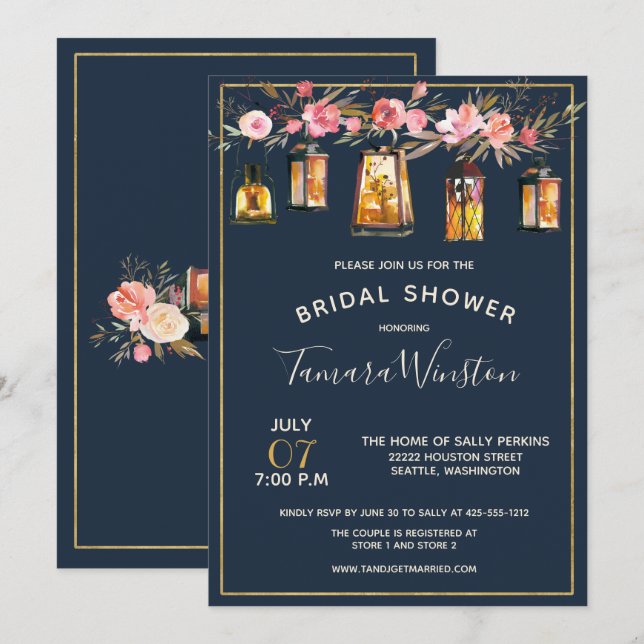 Elegant Peonies Rustic Lanterns Navy Coral Blommig Inbjudningar (Fram/baksida)