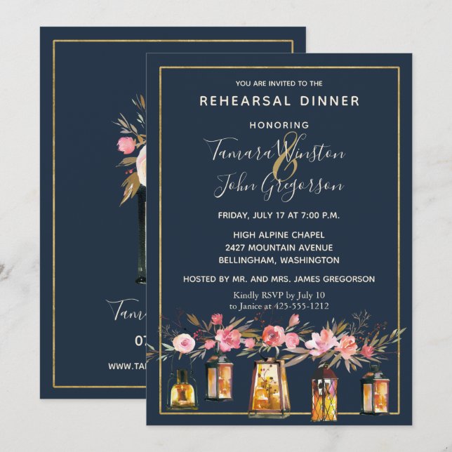 Elegant Peonies Rustic String Ljus Navy Coral Inbjudningar (Fram/baksida)
