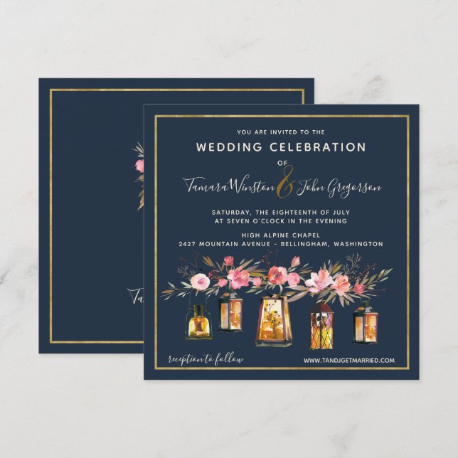 Elegant Peonies Rustic String Ljus Navy Coral Inbjudningar (Fram/baksida)