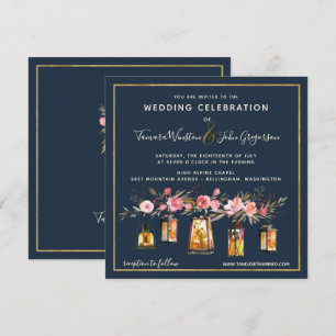 Elegant Peonies Rustic String Ljus Navy Coral Inbjudningar