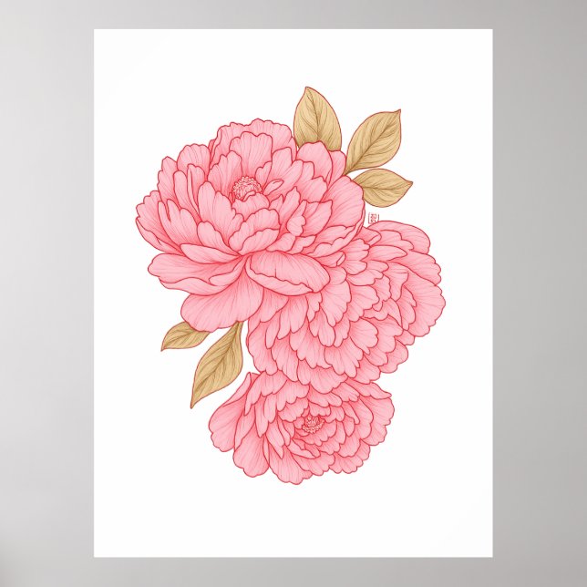 Elegant Peonies- Soft Rosa Blommigt Illustration Poster (Framsidan)