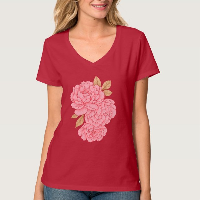 Elegant Peonies- Soft Rosa Blommigt Illustration T Shirt (Framsida)
