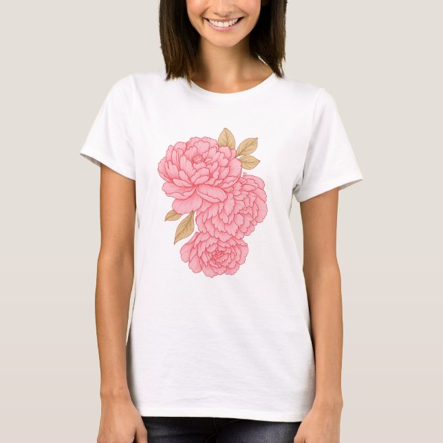 Elegant Peonies- Soft Rosa Blommigt Illustration T Shirt (Framsida)