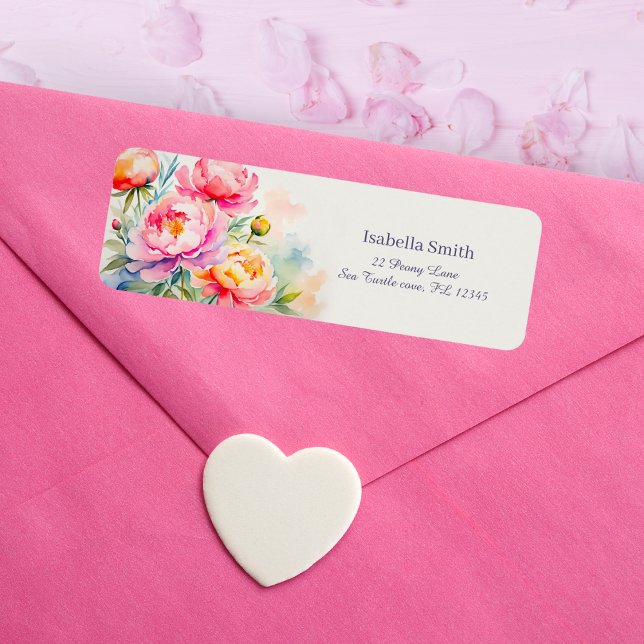 Elegant Peonies Watercolor Blommigt Returadress Etikett (Graceful peonies bloom, adding refined beauty to your correspondence and invitations.)