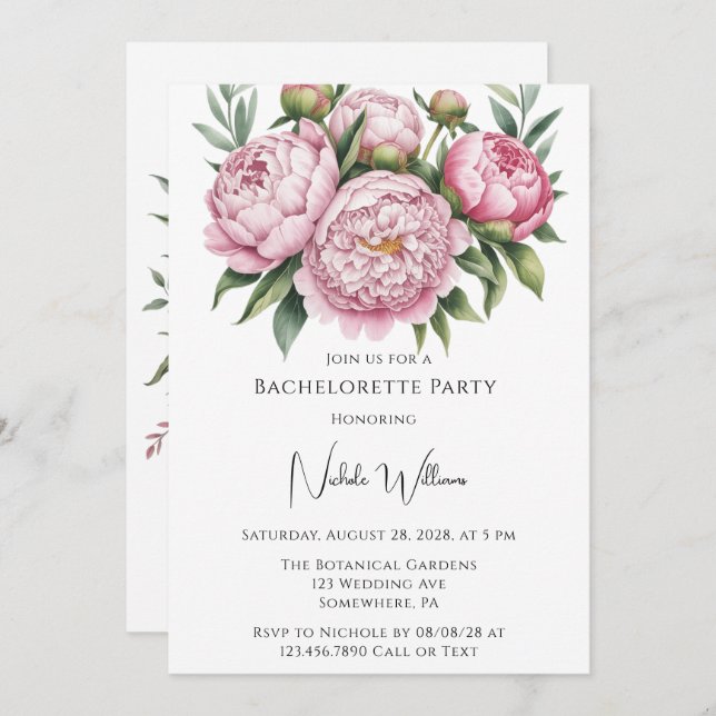 Elegant Peony Blommigt Bachelorette Party Inbjudningar (Fram/baksida)