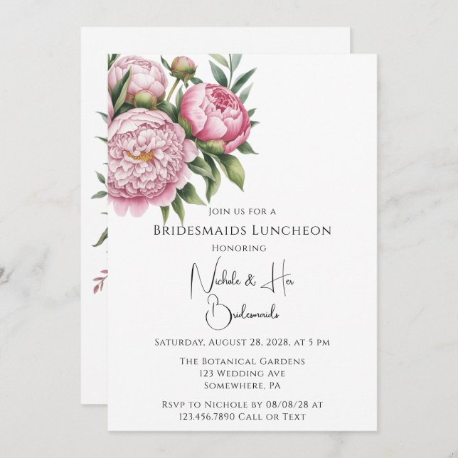 Elegant Peony Blommigt Bridesmaids Luncheon Inbjudningar (Fram/baksida)