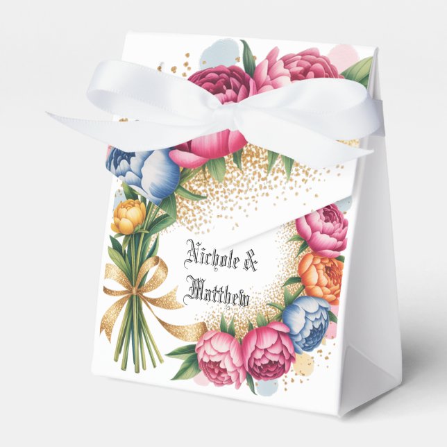 Elegant Peony Bouquet Guld Glitter Bröllop Presentaskar (Framsidan Sidan)