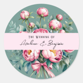 Elegant Peony Bouquet i Watercolor Bröllop Runt Klistermärke