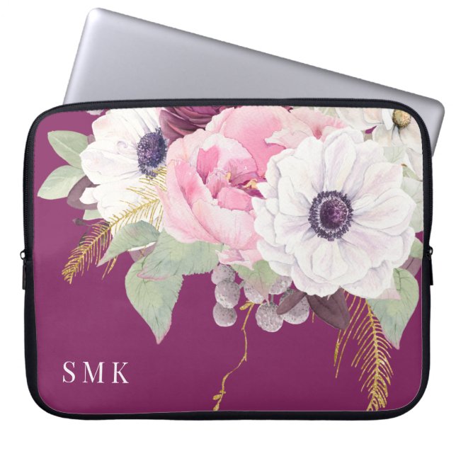 Elegant  Peony Eucalyptus Blommigt Monogram Laptop Fodral (Framsidan)