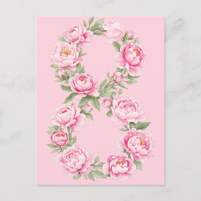 Elegant Peony Flower Illustration for March 8  Helg Vykort (Framsida)