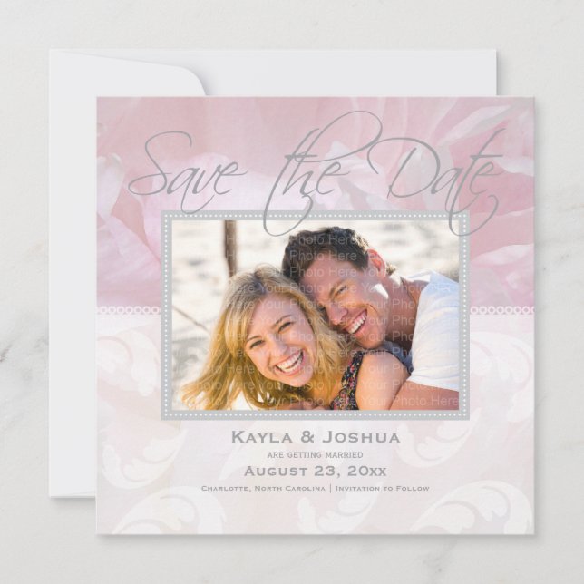 Elegant Peony Spara datum: Silver Inbjudningar (Framsida)