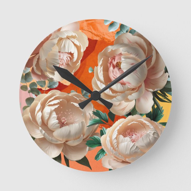 Elegant Peony Throw Pillow Floral Home Décor  Rund Klocka (Framsida)