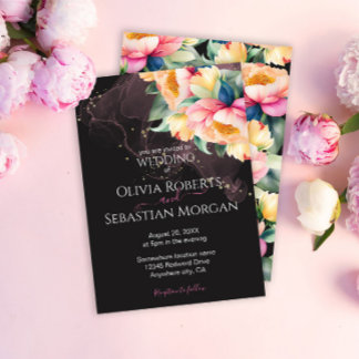 Elegant Peony Watercolor på Black | BRÖLLOP Inbjudningar