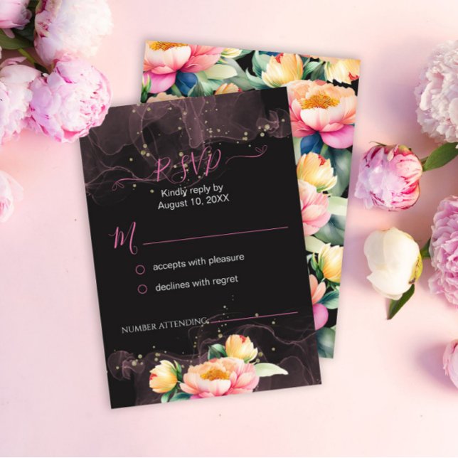 Elegant Peony Watercolor på Black | BRÖLLOP OSA Kort (Skapare uppladdad)
