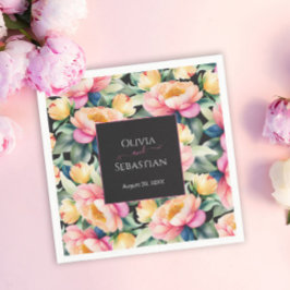 Elegant Peony Watercolor på Black | BRÖLLOP Pappersservett