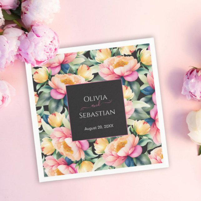 Elegant Peony Watercolor på Black | BRÖLLOP Pappersservett (Skapare uppladdad)