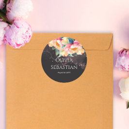 Elegant Peony Watercolor på Black | BRÖLLOP Runt Klistermärke