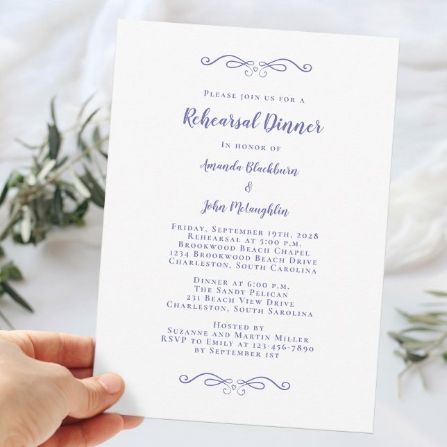 Elegant Periwinkle Blue Bröllop Rehearsal Middag Inbjudningar (Elegant Periwinkle Blue Wedding Rehearsal Dinner Invitation)