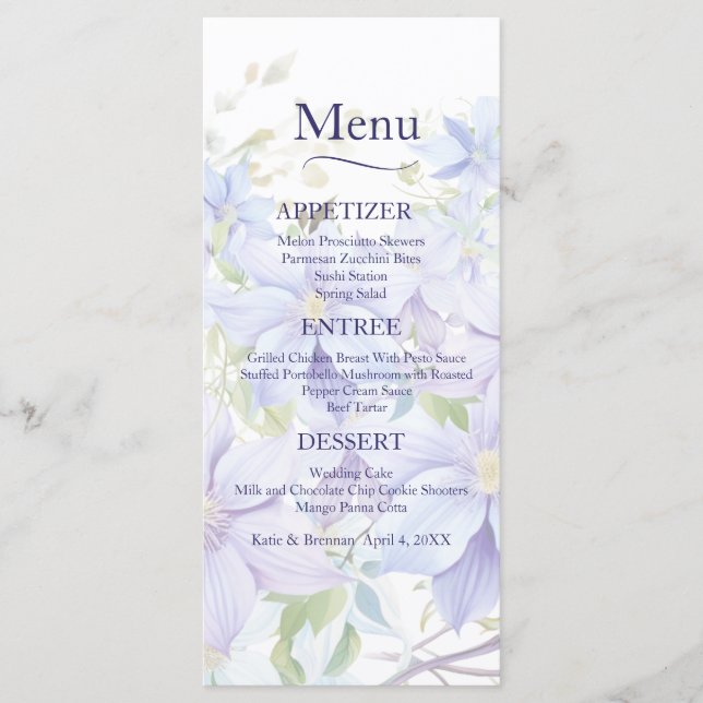 Elegant Periwinkle Clematis Bröllop Menu Meny (Framsida)