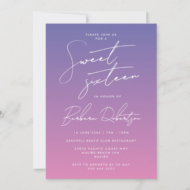 Elegant Periwinkle Lila Script Sweet sixteen Inbjudningar (Framsida)